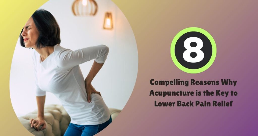 A woman suffering from lower back pain, holding her back hip with one hand while the other rests on a couch for support. Acupuncture for lower back pain offers lasting relief.