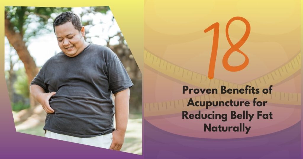 An obese man standing in a natural setting with a tree in the background, holding his belly fat, representing the potential benefits of acupuncture for belly fat reduction.