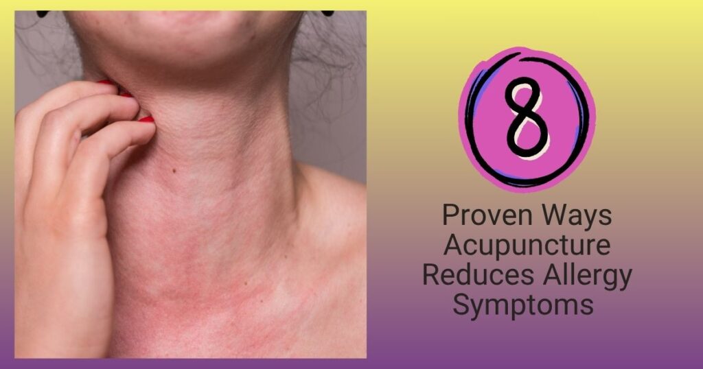 A woman reveals her neck covered in red allergic spots, visually representing the potential need for Acupuncture for allergy symptoms relief.